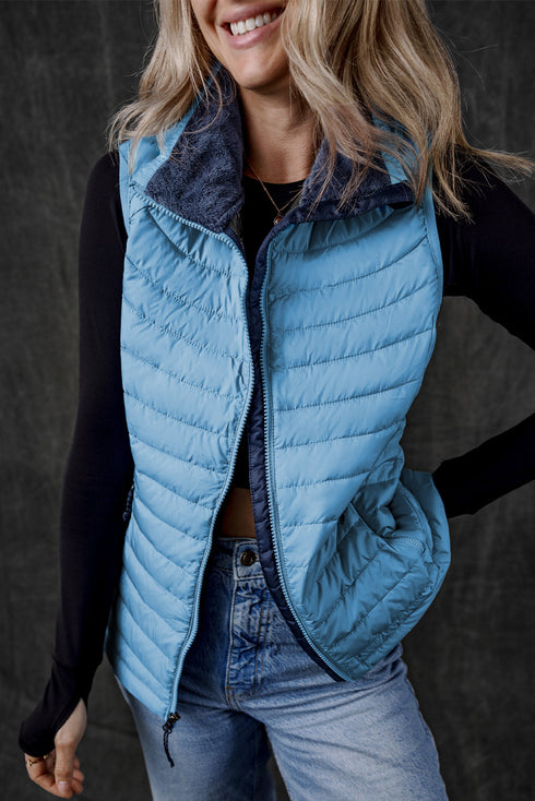 Plush Collared Quilted Zipped Puffer Vest